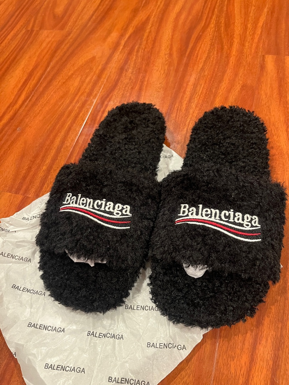 Balenciaga Black Fuzzy Slippers - Size 10